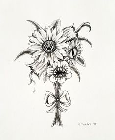 a black and white drawing of sunflowers in a vase with a bow tied around it