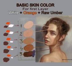 an image of a woman's face with the words basic skin color for first layer orange and raw umber