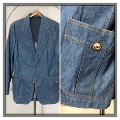 "Vintage 70s medium wash denim Lee Set casual blazer or jacket.  Large front patch pockets, waist band detailing with button side flaps.  Single vent and wide lapels.  One small snag at bottom - see picture.  Tag says 40R, actual measurements as follows: Chest: 40\" Sleeves: 24.5\" Shoulders: 16.5\" Length: 30\"" 70s Denim, Denim Blazer, Sports Blazer, Casual Blazer, Casual Sets, Waist Band, Sport Coat, Vintage 70s, Coats Jackets