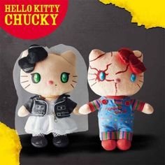 hello kitty and chucky dolls are shown in front of a black background with the words hello kitty on it