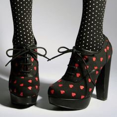 Black Chunky Heel Boots, Black Chunky Heels Boots, Heart Heels, Heart Platforms, Chunky Heel Boots, Black Chunky Heels, Chunky Heels Boots, Red Hearts, Chunky Boots