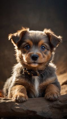 a small brown and black dog sitting on top of a rock