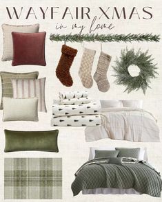 a collage of christmas themed items including stockings, pillows and blankets