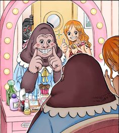 an animated image of a woman looking at a gorilla in front of a mirror with other people around her