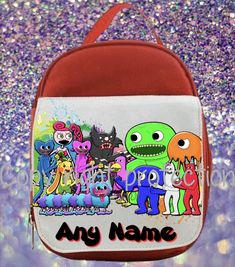 Rainbow friends graphic lunch box  swipe left to see the designs available  All items can be personalised with any name  Cooler bag  Zipper opening  Netted pocket inside  Insulated to keep food and drinks cool Playful School Bag With Character Print, Fun Bags For End Of School Year Events, Fun Multicolor Bags For School Events, Character Rectangular Bags For Back To School, Back To School Character Bag With Rectangular Shape, Character Bags For Back To School, Back To School Character Bag Rectangular, Customizable Multicolor Bag For Back To School, Customizable Multicolor Back-to-school Bag