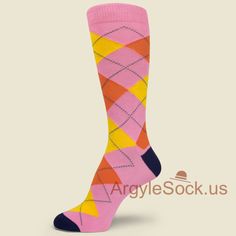 USH796: PINK ORANGE GOLDEN YELLOW ARGYLE MANS DRESS SOCKS