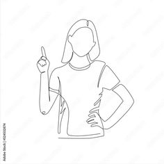 a line drawing of a woman pointing to the right with her finger up in front of her face