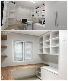 two pictures of the same room with white walls and wood floors, one has open shelves