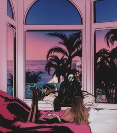 a woman laying on top of a bed in front of a window next to a palm tree