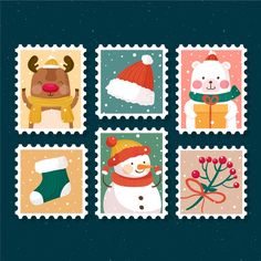 four postage stamps with snowman, reindeer, and christmas stocking items on them