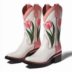 Step into style with our white pink tulip embroidered chunky heel mid-calf cowgirl boots. These boots feature intricate tulip embroidery, a chunky heel, and a mid-calf height for a chic look. Color: White Pink Heel Type: Chunky heel Heel height: 2.36" / 60 mm approx Product measurements were taken using size 8. Please note that measurements may vary by size. Toe: Pointed toe Pink tulips pattern embroidery design Handcrafted US sizing. Fits true to size. Flower Cowboy Boots, Fairies Wear Boots, Embroidered Chunky Heels, Tulip Embroidery, Tulips Pattern, Flower Boots, Cover Girl, Pattern Embroidery, Pink Tulips