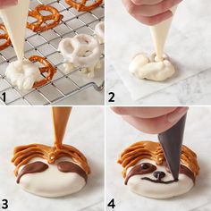 instructions for making pretzels with icing and chocolate on the top, then decorated to look like an animal