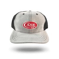 a grey and black trucker hat with an asb logo on the front side