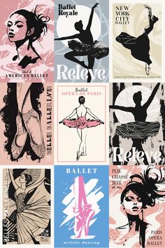 a series of posters with different types of women's ballet outfits and their names