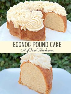 an eggnog pound cake with white frosting on top