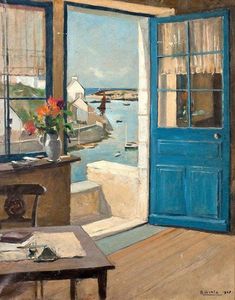 a painting of a room with a blue door and table in front of the window