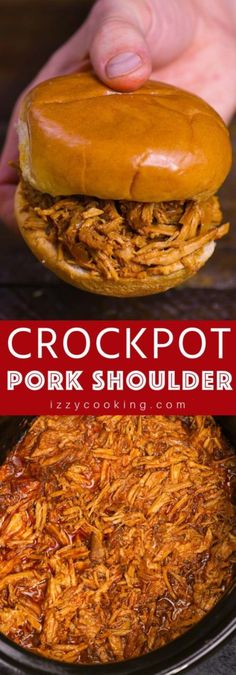 the crockpot pork shoulder sandwich is being held by someone