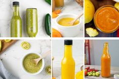 several pictures of different types of juices and condiments