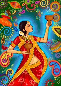 a painting of a woman in red and yellow dress holding a cup with paisley designs on it