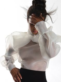 Material: Polyester Delicate dry clean Protect accessories before washing Classic Sheer Evening Tops, Chic Formal Sheer Shirt, Chic Sheer Formal Shirt, Formal White Tops With Sheer Sleeves, White Formal Tops With Sheer Sleeves, White Formal Top With Sheer Sleeves, White Sheer Sleeves Top For Formal Occasions, Formal White Sheer Top, Formal Sheer White Top