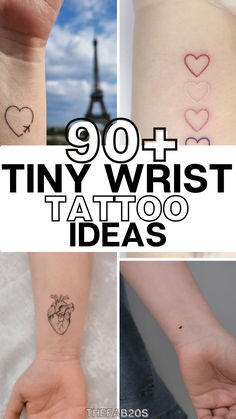 the top 50 tiny wrist tattoo ideas for women and men on their arm, with text overlay that reads 90 tiny wrist tattoo ideas