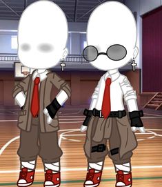 two cartoon characters are standing on a basketball court with their hands in their pockets and wearing red shoes