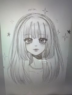 a drawing of a girl with long hair and stars around her neck, in front of a computer screen