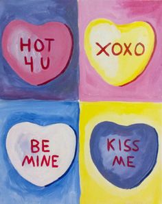 four hearts painted in different colors with words on them