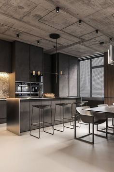 an image of a modern kitchen setting with bar stools and countertop space in the center