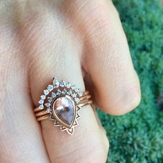 Pear Morganite Ring Set Rose Gold Morganite Engagement Ring | Etsy Rose Gold Morganite Engagement Ring, Gold Morganite Engagement Ring, Morganite Ring Set, Rose Gold Lace, Pear Cut Diamond Ring, Grey Diamond Ring, Gold Diamond Wedding Rings, Gray Diamond, Vintage Engagement Rings Unique