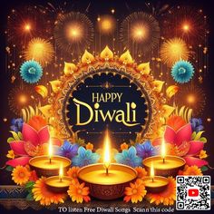 happy diwali greeting card with candles and colorful flowers on the dark blue background