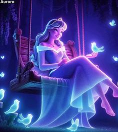 a princess sitting on a swing in the dark with birds around her and looking at something