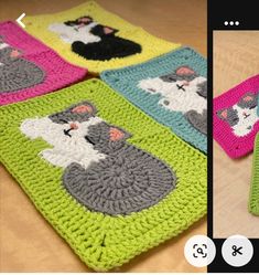 crocheted placemats with cats on them are shown in three different colors