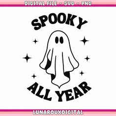 the spooky all year logo is shown in black and white, with stars around it