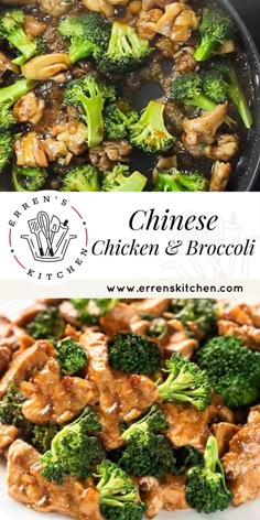 chicken and broccoli stir fry in a skillet with the words chinese chicken and broccoli