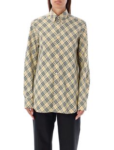 Checked Oversized Shirt By Burberry London. Featuring: Regular Fit Cotton Fabric Classic Point Collar Long Sleeves With Buttoned Cuffs Front Button Closure Signature Burberry Check Pattern Embroidered Logo Detail On The Chest Model Is 1,72m And Wears Size 8. Composition: 100% cotton Burberry Shirt Women, Burberry T Shirt, Burberry Shirt, Checker Design, Beige Shirt, Checkered Design, Burberry London, Burberry Women, Casual Look