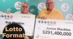 two men holding up large checks in front of a green background with the words lotto format printed on it