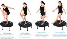 a woman standing on top of a trampoline with different poses and body shapes