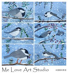 four pictures of birds sitting on branches with berries in their beaks, and the words me love art studio written below