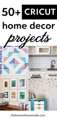 the words 50 + cricut home decor projects are in black and white