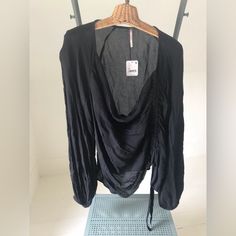 Black, Cinched Detail At Bottom, Light Weight Nwt Black Ruched Blouse For Summer, Black Stretch Ruched Blouse, Black Ruched Blouse For Night Out, Black Ruched Blouse For Spring, Balloon Sleeves Blouse, Viscose Blouse, Bottom Light, Beige Blouse, Free People Blouse