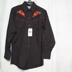 Never Worn New With Tags Black Long Sleeve Western Shirt, Black Top For Spring Rodeo, Western Style Black Long Sleeve Tops, Western Black Cotton Shirt, Black Western Style Cotton Shirt, Black Cotton Western Shirt, Black Long Sleeve Top For Rodeo, Black Cotton Tops With Rose Print, Fitted Black Western Tops