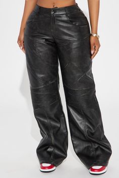 Available In Black. Washed Faux Leather Pant Mid Rise Button & Zip Closure Moto Seaming Detail Wide Leg Non Stretch 32" Inseam Main Fabric: 50% Polyurethane 50% Polyester Contrast: 95% Polyester 5% Spandex Lining: 100% Polyester Imported | Take It In Moto Faux Leather Pant in Black size XL by Fashion Nova Leather Pant, Faux Leather Pants, Black Pants, Black Fashion, Fashion Nova, Mid Rise, Wide Leg, Pants For Women, Faux Leather