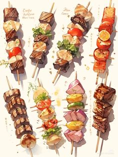 several different types of skewers with meats and veggies on them