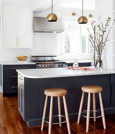 two stools are in front of the kitchen island