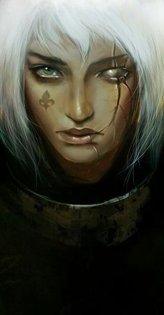 an image of a woman with white hair and piercings on her face, looking at the camera