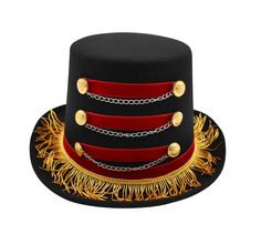 Adult Deluxe Circus Ringmaster Top Hat Ring Leader Halloween Toy Soldier Costume It's Circus time and you are the Ring Master! This season complete your look with this Deluxe Red and Black Ringmaster Top Hat. Perfect for Men, Women, and Teens! This deluxe Ring leader top hat is the perfect addition to your Circus themed party costume. The dark ring master hat has gold fringe accenting around the base of the hat, three red strips of velveteen fabric accented with gold buttons on either side, and Themed Costume Hats And Headpieces, Adjustable Gold Costume Hats For Halloween, Adjustable Gold Halloween Costume Hats And Headpieces, Adjustable Gold Halloween Costume Hats, Adjustable Hat Bands For Halloween Costume, Themed Adjustable Top Hat For Costume, Themed Adjustable Top Hat For Costumes, Halloween Themed Adjustable Top Hat, Themed Adjustable Top Hat For Halloween