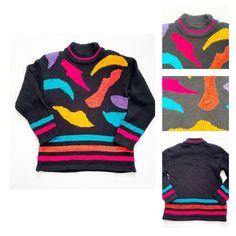 Superfun colorful sweater from the 80s-90s! It has colorful velour abstract pieces woven in the black sweater. The bottom is not fitted and it comes with shoulder pads that are easily removable.  Condition: This is in very good pre-owned condition. The tag is a little discolored  - No other flaws to note.  Size: M APPROX MEASUREMENTS laying flat: Back (Shoulder to shoulder): 21 " Chest (Armpit to armpit): 20" Shoulder to sleeve cuff end: 24" Length from collar to bottom Hem: 26" Waist: 21"  I have other vintage clothing in my store. There is also a shipping discount for multiple orders that should show up in your cart. https://www.etsy.com/shop/HowFastTimeFlies?ref=profile_header&section_id=44823381 SHIPPING: I package your items with great care. I add more material to your shipment to hel Womens Black Sweater, Neon Black, 90s Clothing, Profile Header, Star Sweater, Sleeve Cuff, Pullover Sweater Women, Dress For Success, Black Sweater