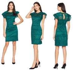 Trina Turk Mao Tai Lace Dress With Flutter Sleeve, Illusion Neckline, Lace Overlay, Keyhole Back, And Back Zip And Hook Closure. Excellent Condition. Note: The Actual Color Is Emerald Green Materials: Polyester Measurements: Shoulder To Shoulder 16”, Pit To Pit 17”, Waist 14”, Length 38” Trina Turk Dresses, Mai Tai, Illusion Neckline, Trina Turk, Lace Overlay, Flutter Sleeve, Emerald Green, Lace Dress, Colorful Dresses