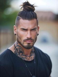 Muscular Face, Spiked Hair Men, Men Hairline, Men Eyebrows, Mens Ponytail Hairstyles, Top Knot Men, Knot Hairstyle, Braided Top Knots